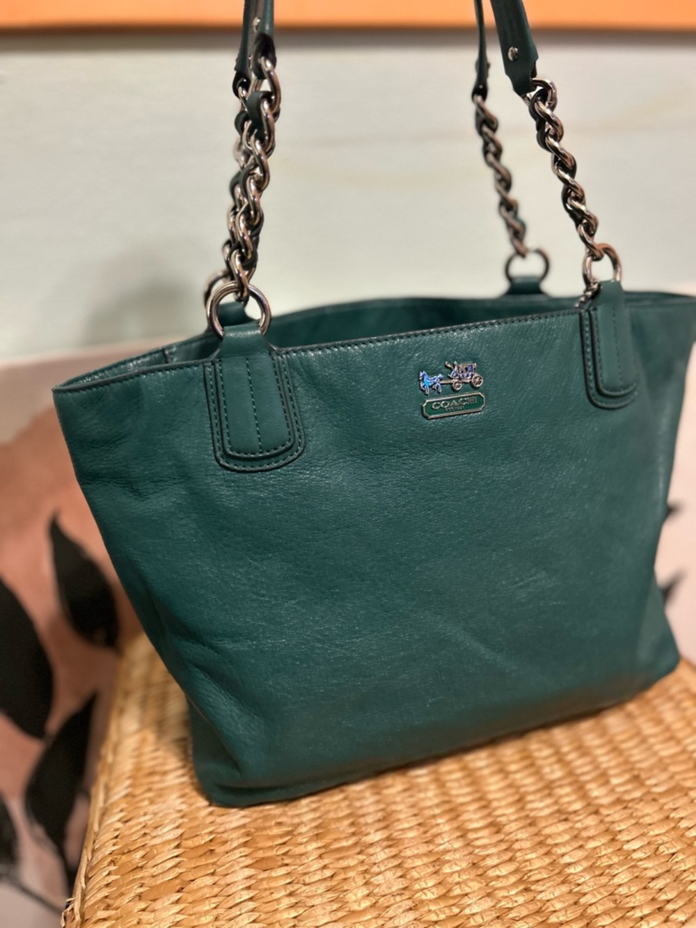 Coach Teal Green Leather Chain-Handle Tote